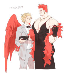 Rule 34 | 2boys, abs, bara, bare shoulders, beard, blonde hair, blue eyes, boku no hero academia, bow, bowtie, crossdressing, deavor lover, dress, earrings, facial hair, feathered wings, feathers, formal, gloves, holding hands, hawks (boku no hero academia), highres, jewelry, large pectorals, male focus, manly, multiple boys, muscular, mustache, pectorals, red hair, scar, sleeveless, smile, spiked hair, suit, endeavor (boku no hero academia), upper body, wings, yaoi