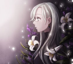 Rule 34 | 10s, 1girl, bad id, bad pixiv id, black bodysuit, blue eyes, bodysuit, days (milktea0778), earrings, elizabeth liones, eyelashes, female focus, flower, gradient background, hair over one eye, jewelry, lavender (flower), lily (flower), long hair, looking to the side, nanatsu no taizai, parted bangs, parted lips, plant, profile, purple flower, silver hair, solo, upper body, white flower