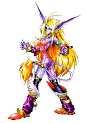 Rule 34 | 1990s (style), 1girl, animal ears, blonde hair, boots, breath of fire, breath of fire ii, capcom, cat ears, cat tail, full body, knee boots, no nipples, nude, official art, red eyes, retro artstyle, rinpoo chuan, solo, standing, tail, white background