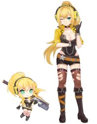 Rule 34 | 1girl, aqua eyes, black gloves, black thighhighs, blonde hair, boots, breasts, character request, chibi, gloves, gun, headphones, holding, holding weapon, jacket, knee boots, large breasts, leotard, looking at viewer, one eye closed, ponytail, rifle, shaonyu cofee gun, short shorts, shorts, smile, thighhighs, torn clothes, torn legwear, weapon, white background
