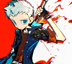 Rule 34 | 1boy, bbbbbaasos, black gloves, blue eyes, blue jacket, closed mouth, commentary, devil may cry (series), devil may cry 5, english commentary, fingerless gloves, fire, gloves, holding, holding sword, holding weapon, jacket, jewelry, looking at viewer, male focus, necklace, nero (devil may cry), open clothes, open jacket, red shirt, shirt, simple background, solo, sword, two-tone background, weapon, white hair