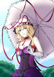 Rule 34 | 1girl, absurdres, bare shoulders, blonde hair, blue sky, bow, breasts, choker, cleavage, cloud, collarbone, commentary request, corset, day, dress, elbow gloves, frills, gloves, hair bow, hair up, hat, hat ribbon, head tilt, highres, holding, holding umbrella, kyoukyan, large breasts, long hair, looking to the side, mob cap, parted lips, purple dress, purple eyes, ribbon, ribbon choker, ribbon trim, sky, smile, solo, teeth, touhou, tree, umbrella, yakumo yukari