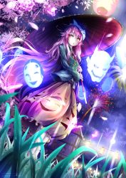 Rule 34 | 1girl, bug, butterfly, cherry blossoms, festival, fireworks, fox mask, glowing, glowing butterfly, grass, hata no kokoro, highres, insect, lantern, long sleeves, looking at viewer, mask, mouth mask, night, oil-paper umbrella, oni mask, palinus, petals, pink eyes, pink hair, rain, see-through, sky, solo, touhou, tree, umbrella