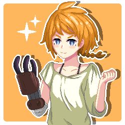 Rule 34 | 1girl, blue eyes, braid, chalm, clenched hand, decadence (anime), hand up, highres, looking at viewer, natsume (decadence), orange background, orange hair, pixel art, prosthesis, prosthetic arm, shirt, short hair, smile, solo, upper body, white shirt
