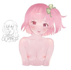 Rule 34 | 2girls, assault lily, blush, breasts, breasts squeezed together, chibi, chibi inset, cleavage, closed mouth, clover hair ornament, collarbone, commentary, cropped arms, cropped torso, four-leaf clover hair ornament, hair ornament, hand on own face, hand up, highres, hitotsuyanagi riri, kaede johan nouvel, looking at viewer, medium breasts, motion lines, multiple girls, neck ribbon, nipples, nude, one side up, parted lips, partially colored, pink eyes, pink hair, protected link, ribbon, school uniform, short hair, simple background, smile, sweat, tori udon, upper body, white background, yurigaoka girls academy school uniform