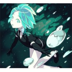 Rule 34 | 1other, androgynous, black gloves, black necktie, black shorts, collared shirt, colored skin, crystal hair, elbow gloves, gem uniform (houseki no kuni), gloves, green hair, highres, houseki no kuni, looking at viewer, masuji, necktie, other focus, phosphophyllite, puffy short sleeves, puffy sleeves, shirt, short hair, short shorts, short sleeves, shorts, solo, white skin