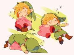Rule 34 | 1boy, :d, artist name, belt, blonde hair, blush, blush stickers, boots, brown belt, brown footwear, closed eyes, closed mouth, commentary request, green background, green headwear, green shirt, green tunic, hat, highres, holding, kirby, kirby (series), link, long sleeves, lying, multiple views, nintendo, on back, on stomach, open mouth, pointy ears, shirt, short hair, sidelocks, sitting, sleeping, sleeping upright, smile, the legend of zelda, the legend of zelda: the wind waker, tokuura, toon link, tunic, twitter username, white background, zzz