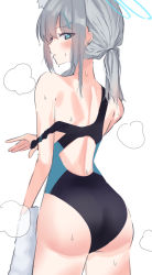 Rule 34 | 1girl, animal ear fluff, aqua eyes, ass, blue archive, blue halo, blush, commentary request, competition swimsuit, cross, ear piercing, grey hair, hair between eyes, hair ornament, halo, highres, holding, holding towel, inverted cross, jewelry, looking at viewer, off shoulder, one-piece swimsuit, parted lips, piercing, ponytail, shiroko (blue archive), shiroko (swimsuit) (blue archive), simple background, solo, swimsuit, towel, tsumayouji (tumayog), undressing, wet, white background