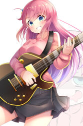 Rule 34 | 1girl, aru (arudes), black shirt, blue eyes, blush, bocchi the rock!, breasts, commentary, cowboy shot, cube hair ornament, eyelashes, floating hair, gotoh hitori, grin, guitar, hair between eyes, hair ornament, happy, highres, holding, holding instrument, instrument, jacket, long hair, long sleeves, looking at viewer, medium breasts, one side up, pink hair, pink jacket, shirt, sidelocks, simple background, smile, solo, standing, track jacket, white background