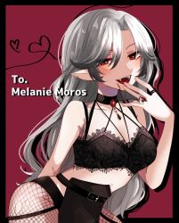 Rule 34 | 1girl, blood, blood on face, breasts, choker, crop top, ear piercing, fangs, fishnet legwear, fishnets, grey hair, heart, indie virtual youtuber, jewelry, lace, long hair, looking at viewer, melanie moros, midriff, navel, pale skin, piercing, pointy ears, red eyes, ring, solo, thick thighs, thighs, vampire, virtual youtuber, xt0y4x