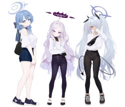 Rule 34 | 3girls, ahoge, ako (blue archive), alternate costume, armpit crease, bag, black footwear, black pants, blue archive, blue bow, blue eyes, blue footwear, blue hair, bow, casual, choker, closed mouth, commentary, contemporary, contrapposto, covered navel, covering own mouth, demon tail, demon wings, denim, denim shorts, flats, forehead, full body, hair bow, hair over one eye, halo, halterneck, handbag, high-waist pants, highres, hina (blue archive), hood, hoodie, iori (blue archive), jeans, light frown, light purple hair, light smile, long hair, looking at viewer, multiple girls, no horns, off shoulder, pants, parted bangs, purple eyes, red eyes, shirt, shoes, shorts, shou xun bu liang, simple background, sleeves past wrists, sneakers, standing, tail, thigh gap, twintails, very long hair, wavy hair, white background, white hair, white hoodie, white shirt, wings, yoga pants
