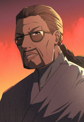 Rule 34 | 1boy, artist name, beard, brown hair, dark-skinned male, dark skin, facial hair, glasses, gradient background, gradient sky, highres, long hair, looking at viewer, lycoris recoil, male focus, mika (lycoris recoil), mokuseipen, outdoors, ponytail, sky, solo, upper body