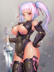 Rule 34 | 1girl, bare shoulders, blunt bangs, blush, bow, breasts, covered navel, dark-skinned female, dark skin, doyouwantto, elbow gloves, fingerless gloves, frame arms girl, gloves, hair bow, hair ribbon, hand on own hip, holding, holding weapon, large breasts, long hair, looking at viewer, mecha musume, pink bow, pink eyes, pink ribbon, purple hair, ribbon, solo, standing, sword, thighhighs, twintails, underboob, weapon