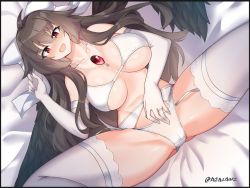 Rule 34 | 1girl, ass, bed sheet, bird wings, black hair, black wings, blush, bow, bra, breasts, brown hair, collar, collarbone, elbow gloves, feathered wings, from above, garter belt, garter straps, gloves, hair over shoulder, hand on own stomach, high ponytail, highres, jewelry, large breasts, lingerie, long hair, looking at viewer, navel, nose blush, open mouth, panties, panties over garter belt, ponytail, red eyes, reiuji utsuho, ring, shiny skin, sidelocks, spread legs, thighhighs, thighs, third eye, tilt-shift (azalanz), touhou, underwear, underwear only, wedding band, white bow, white bra, white gloves, white panties, white thighhighs, wings