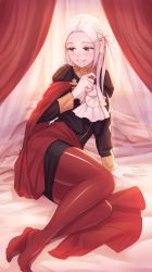 Rule 34 | 1girl, absurdres, arm support, ascot, awan0918, bed, blanket, blush, curtains, edelgard von hresvelg, feet, fire emblem, fire emblem: three houses, garreg mach monastery uniform, gloves, hair ribbon, highres, long hair, looking to the side, lying, nintendo, no shoes, on side, pantyhose, parted lips, pillow, purple eyes, purple ribbon, red pantyhose, ribbon, smile, solo, toes, white gloves