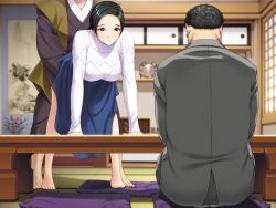 Rule 34 | 1girl, all fours, audience, barefoot, bent over, black eyes, black hair, blush, breasts, cheating (relationship), clothed sex, clothes lift, feet, game cg, japanese clothes, kimono, large breasts, maro no kanja ha gatenkei 2, multiple boys, netorare, no panties, sex, short hair, sitting, skirt, skirt lift, sweater, table, tiptoes, toes, vaginal