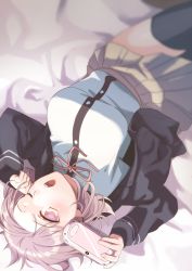 Rule 34 | 1girl, beige skirt, black jacket, black thighhighs, breasts, commentary request, danganronpa (series), danganronpa 2: goodbye despair, flipped hair, hair ornament, handheld game console, holding, jacket, large breasts, looking at viewer, lying, nanami chiaki, on back, one eye closed, open mouth, pink eyes, pink hair, pink ribbon, ribbon, shirt, short hair, sketti, solo, thighhighs, white shirt