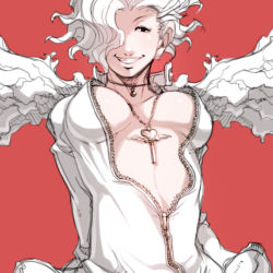 Rule 34 | 1girl, angel (kof), angel wings, breasts, falcoon, grin, hair over one eye, jacket, jewelry, large breasts, necklace, open clothes, open jacket, short hair, smile, snk, solo, the king of fighters, underboob, white hair, wings