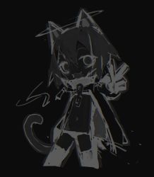 Rule 34 | 1girl, animal ears, black background, cape, cat ears, cat tail, chain, chibi, collar, cowboy shot, fang, halo, monochrome, original, panties, ro47, short hair, simple background, sketch, solo, standing, tail, thighhighs, underwear, v