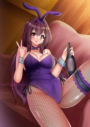Rule 34 | 1girl, animal ears, couch, fake animal ears, fate/grand order, fate (series), highres, katou shinobu, leotard, long hair, lying, official alternate costume, pantyhose, playboy bunny, purple hair, rabbit ears, red eyes, ribbon, scathach (fate), scathach (piercing bunny) (fate), solo, spread legs, thigh strap, tongue, tongue out, v, very long hair