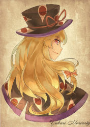 Rule 34 | 1girl, alternate costume, blonde hair, bow, cape, character name, grin, hair bow, hat, highres, james moriarty, long hair, looking back, norizc, pink eyes, smile, solo, the adventures of sherlock holmes, top hat, touhou, upper body, yakumo yukari
