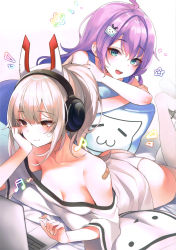 Rule 34 | 2girls, absurdres, aqua eyes, ass, ayanami (azur lane), ayanami (niconico) (azur lane), azur lane, bandaid, bare shoulders, bed sheet, breasts, brown eyes, cleavage, closed mouth, collarbone, computer, hair ornament, hand on own cheek, hand on own face, headphones, highres, javelin (azur lane), long hair, lying, mirei, multiple girls, notebook, on stomach, open mouth, panties, pillow, platinum blonde hair, purple hair, scan, scan artifacts, shirt, short sleeves, simple background, sleeveless, smile, t-shirt, thighhighs, underwear, white legwear