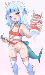 Rule 34 | 1girl, alternate costume, artificial vagina, blue eyes, blue hair, blue nails, blunt bangs, blush, bottomless, breasts, butt plug, cleft of venus, colored tips, commentary, covered erect nipples, cowboy shot, dildo, english commentary, fins, fish tail, foreshortening, gawr gura, gluteal fold, gradient background, hair ornament, heart, heart-shaped pupils, highres, holding, holding sex toy, hololive, hololive english, leotard, long hair, looking at viewer, moral cacoethes, multicolored hair, nail polish, naughty face, open mouth, paid reward available, pink background, pussy, pussy juice, pussy juice trail, red leotard, sex toy, shark hair ornament, shark tail, sharp teeth, simple background, small breasts, smile, solo, standing, streaked hair, sweat, symbol-shaped pupils, tail, teeth, tenga, thighhighs, twitching, two-tone background, two-tone hair, uncensored, variant set, very sweaty, virtual youtuber, white background, white hair, white thighhighs