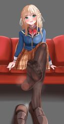 Rule 34 | 1girl, absurdres, aruka0807, blonde hair, blue eyes, blush, couch, crossed legs, feet, heaven burns red, highres, loafers, long hair, looking at viewer, open mouth, pantyhose, shoes, soles, steam, toes, toujou tsukasa, unworn shoes