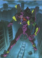 Rule 34 | 1990s (style), building, city, cleaned, cloud, eva 01, gainax, highres, mecha, neon genesis evangelion, night, official art, retro artstyle, robot, scan, science fiction, tagme, yoshinari you