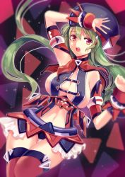 Rule 34 | 1girl, breasts, center opening, cleavage, green hair, hat, large breasts, long hair, original, red eyes, shina shina, thighhighs