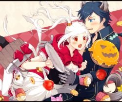 Rule 34 | 1boy, 1girl, animal ears, apple, apron, big bad wolf, big bad wolf (cosplay), blue eyes, blue hair, blush, cake, candy, cape, capelet, checkerboard cookie, chrom (fire emblem), cookie, corset, cosplay, costume, cupcake, falling, fire emblem, fire emblem awakening, food, food-themed hair ornament, fruit, fukune, gloves, hair ornament, halloween, little red riding hood, little red riding hood (grimm), little red riding hood (grimm) (cosplay), muffin, nintendo, open mouth, pastries, pumpkin hair ornament, red cape, red eyes, robin (female) (fire emblem), robin (fire emblem), short hair, surprised, tail, tray, tripping, twintails, white hair, wide-eyed, wolf ears