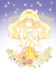 Rule 34 | 10s, 1girl, adapted costume, ahiduck, alternate costume, blonde hair, bow, choker, cure peace, cure peace (princess form), dress, earrings, closed eyes, flower, hair flaps, hair ornament, highres, jewelry, kise yayoi, long hair, magical girl, own hands clasped, own hands together, ponytail, precure, rose, skirt, smile precure!, solo, sunflower, tiara, white flower, white rose, wrist cuffs, yellow bow, yellow dress, yellow flower, yellow rose, yellow skirt, yellow theme