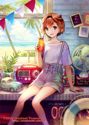 Rule 34 | 1girl, artist name, asatani tomoyo, beach, braid, brown eyes, brown hair, commentary, cup, drink, drinking straw, hairband, hand fan, holding, holding cup, horizon, indoors, jar, lifebuoy, looking at viewer, ocean, original, palm tree, pennant, plant, radio, short hair, shorts, side braid, sitting, sky, smile, solo, summer, suspender shorts, suspenders, swim ring, tree