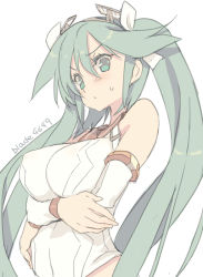 Rule 34 | 10s, 1girl, blade (galaxist), blush, breasts, detached sleeves, green eyes, green hair, hair ribbon, isuzu (kancolle), kantai collection, large breasts, long hair, looking at viewer, matching hair/eyes, personification, ribbon, school uniform, serafuku, simple background, solo, twintails, upper body, white background