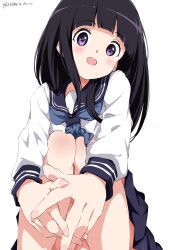 Rule 34 | 1girl, absurdres, black hair, blue neckerchief, blue sailor collar, blue skirt, chitanda eru, feet out of frame, highres, hyouka, kamiyama high school uniform (hyouka), knees together feet apart, long hair, long sleeves, looking at viewer, neckerchief, open mouth, own hands together, pleated skirt, purple eyes, sailor collar, school uniform, serafuku, shirt, simple background, sitting, skirt, solo, straight hair, thighs, twitter username, white background, white gorilla (okamoto), white shirt