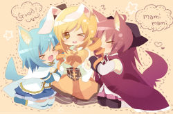 Rule 34 | &gt; &lt;, 10s, 3girls, :d, animal ears, bad id, bad pixiv id, blonde hair, blue hair, bow, closed eyes, dog ears, dog tail, drill hair, fang, hair in own mouth, heart, kemonomimi mode, mahou shoujo madoka magica, mahou shoujo madoka magica (anime), miki sayaka, multiple girls, nochita shin, one eye closed, open mouth, rabbit ears, red hair, revision, sakura kyoko, smile, tail, tears, thighhighs, tomoe mami, twin drills, twintails, wince, wink, xd, yellow eyes