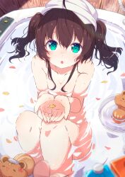 Rule 34 | 1girl, :o, absurdres, ahoge, bath, bathing, bathtub, breasts, brown hair, collarbone, commentary, green eyes, hair between eyes, hands up, highres, hololive, knees up, looking at viewer, natsuiro matsuri, nude, okota mikan, parted lips, partially submerged, petals, petals on liquid, sitting, small breasts, solo, symbol-only commentary, twintails, virtual youtuber, water