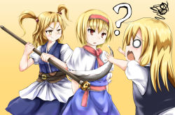 Rule 34 | &gt;:), + +, 3girls, ?, alice margatroid, alternate hair color, bad id, bad nicoseiga id, blonde hair, capelet, cookie (touhou), cosplay, gradient background, hair bobbles, hair ornament, hairband, kirisame marisa, koro (cookie), long hair, multiple girls, o o, obi, onozuka komachi, onozuka komachi (cosplay), open mouth, red eyes, rei (cookie), sash, scythe, short hair, touhou, twintails, two side up, uzuki (cookie), v-shaped eyebrows, weapon, yellow background, yellow eyes
