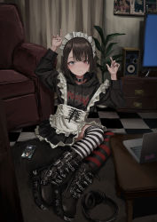 Rule 34 | 1girl, absurdres, apron, arms up, asymmetrical legwear, belt boots, black collar, black footwear, black jacket, black nails, boots, brown hair, cellphone, chair, closed mouth, collar, computer, curtains, fishnet pantyhose, fishnets, frilled apron, frills, gendou pose, gishiki (gshk), goth fashion, grey eyes, hair ornament, hairclip, hands clasped, headphones, hetero, highres, hood, hood down, hooded jacket, hoodie, ikari gendou, indoors, jacket, laptop, long sleeves, looking at viewer, maid headdress, md5 mismatch, mismatched legwear, nail polish, on floor, original, own hands clasped, own hands together, pantyhose, phone, plant, red eyes, resolution mismatch, sitting, smartphone, solo, source smaller, speaker, striped clothes, striped pantyhose, striped thighhighs, table, television, thighhighs, white apron