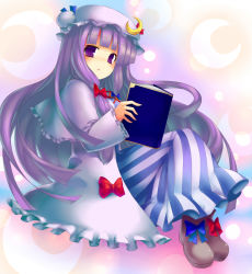 Rule 34 | 1girl, bad id, bad pixiv id, blush, book, bow, capelet, crescent moon, female focus, full body, gatsu miya, gradient background, hair bow, hat, holding, long hair, moon, open mouth, patchouli knowledge, purple eyes, purple hair, robe, shoes, solo, striped, touhou, tsukumiya amane
