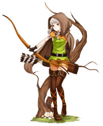 Rule 34 | 1girl, arrow (projectile), belt, blush, boots, bow (weapon), braid, brown eyes, cloak, dragon&#039;s crown, elf, elf (dragon&#039;s crown), gloves, hood, long hair, pointy ears, purea, shorts, silver hair, solo, thigh boots, thighhighs, twin braids, weapon