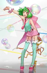 Rule 34 | 1girl, arm up, armpits, bare shoulders, bow, breasts, bubble, coattails, contrapposto, detached collar, frilled cuffs, frills, full body, garter straps, green hair, green shirt, hairband, high-waist shorts, high heels, highres, holding, legs, looking at viewer, macross, macross frontier, macross frontier: sayonara no tsubasa, necktie, open mouth, pink bow, pink footwear, platform footwear, platform heels, pote-mm, ranka lee, red eyes, ribbon, shirt, short hair, short shorts, shorts, small breasts, smile, solo, standing, thighhighs, wind, wind lift, wrist cuffs