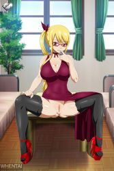 Rule 34 | absurdres, anus, blonde hair, breasts, dress, fairy tail, glasses, high heels, highres, lucy heartfilia, open mouth, pussy, spread legs, uncensored, whentai