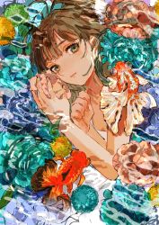 Rule 34 | 1girl, absurdres, bare arms, brown eyes, brown hair, buchi (qooo003), commentary request, dress, fish, highres, looking at viewer, lying, on side, original, parted lips, partially submerged, sea urchin, solo, telescope goldfish, upper body, water, white dress