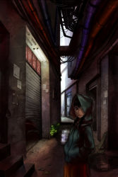 Rule 34 | 1girl, alley, bad id, bad pixiv id, black hair, braid, brown eyes, esukee, hood, hooded jacket, industrial pipe, jacket, poster (object), puddle, solo, stairs, twin braids