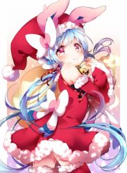 Rule 34 | 1girl, animal ears, bell, blue hair, blush, bow, character request, commentary request, copyright request, cowboy shot, detached sleeves, dress, female focus, flower, from side, fur-trimmed dress, fur-trimmed legwear, fur-trimmed sleeves, fur trim, gradient background, hair bow, hair flower, hair ornament, hair ribbon, hat, heart, heart-shaped pupils, kofa (ikyurima), long hair, looking at viewer, mole, mole under eye, rabbit ears, red eyes, ribbon, sack, santa costume, santa hat, smile, solo, symbol-shaped pupils, thighhighs, twintails, walking
