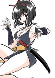 Rule 34 | 1girl, absurdres, artist request, ass, bare legs, bare shoulders, black hair, bob cut, breasts, cleavage, curvy, dress, hairband, highres, holding, inuyasha, lips, lipstick, looking at viewer, makeup, no bra, no panties, red eyes, revealing clothes, sakasagami no yura, shiny skin, short dress, simple background, smile, sword, weapon, wide hips