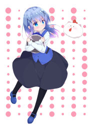 Rule 34 | 1girl, :3, angora rabbit, black pantyhose, black skirt, blue bow, blue bowtie, blue eyes, blue footwear, blue hair, blue vest, blush, bow, bowtie, buttons, chinese zodiac, circle, closed mouth, collared shirt, commentary request, crossed arms, full body, gochuumon wa usagi desu ka?, hair ornament, hairclip, highres, holding, holding tray, kafuu chino, long hair, long sleeves, looking at another, mary janes, outline, pantyhose, pink background, rabbit, rabbit house uniform, shirt, shoes, sidelocks, skirt, tippy (gochiusa), tray, two-tone background, uniform, vest, wari (nirodo26), white background, white outline, white shirt, wing collar, x hair ornament, year of the rooster