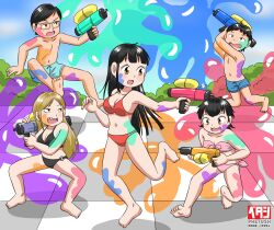 2boys 3girls :3 ahoge barefoot bikini black_bikini black_hair blonde_hair blue_swim_trunks blush breasts brown_eyes bush cleavage cloud collarbone fang holding holding_water_gun jumping kanade-chan_(marup) long_hair male_swimwear marup mitsuru_(marup) multiple_boys multiple_girls navel nintendo nipples o-ring o-ring_bikini open_mouth original paint paint_on_body paint_splatter pink_bikini red_bikini saki-chan_(marup) sharp_teeth short_hair side-tie_bikini_bottom sky small_breasts smile splatoon_(series) standing standing_on_one_leg sumomo_(marup) swim_trunks swimsuit teeth topless water_gun