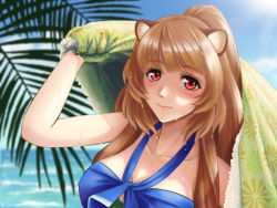 Rule 34 | 1girl, animal ears, bikini, blue bikini, blue sky, blurry, blurry background, blush, breasts, brown hair, cleavage, closed mouth, collarbone, covered erect nipples, day, dekuashi, halterneck, high ponytail, highres, holding, large breasts, long hair, looking at viewer, ocean, outdoors, palm tree, raccoon ears, raccoon girl, raphtalia, red eyes, sky, smile, solo, summer, swimsuit, tate no yuusha no nariagari, tree, upper body, very long hair, wet, wet hair